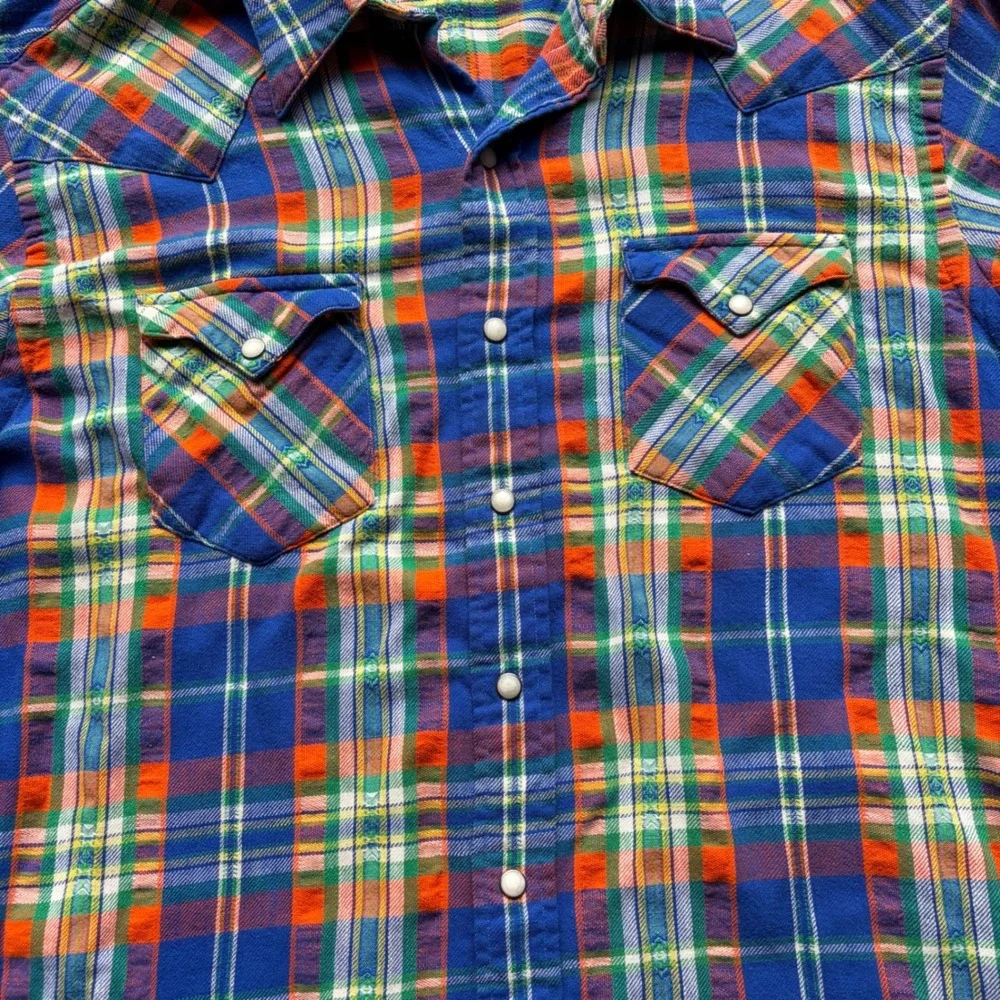 Polo Ralph Lauren Mens XL Plaid Western Pearl Snap Shirt Blue Orange Flannel